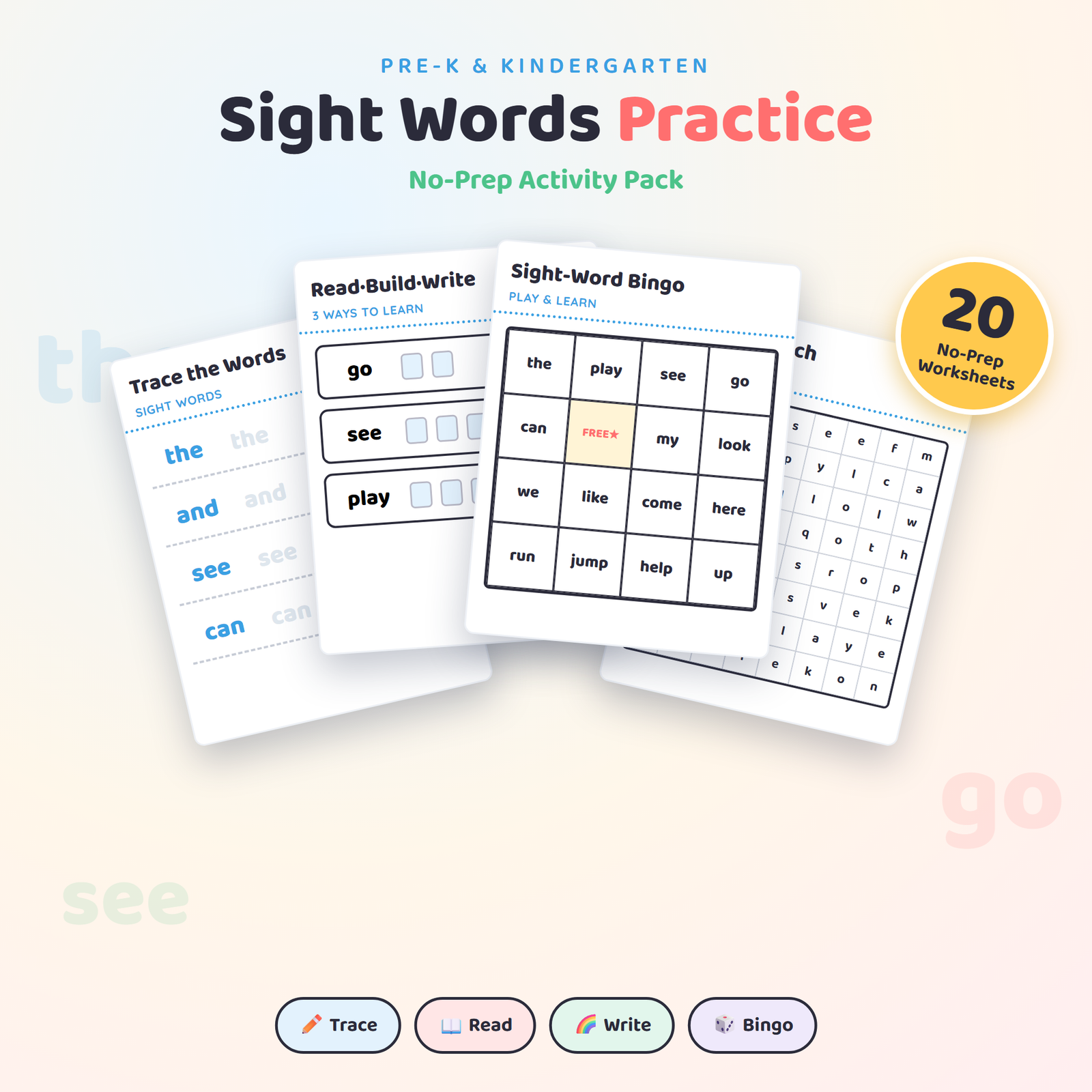 Sight Words Practice — Pre-K & Kindergarten No-Prep Pack