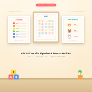ABC & 123 Kids Wall Art Set of 6 Printable Alphabet Numbers Animals Nursery Playroom Decor Instant Download