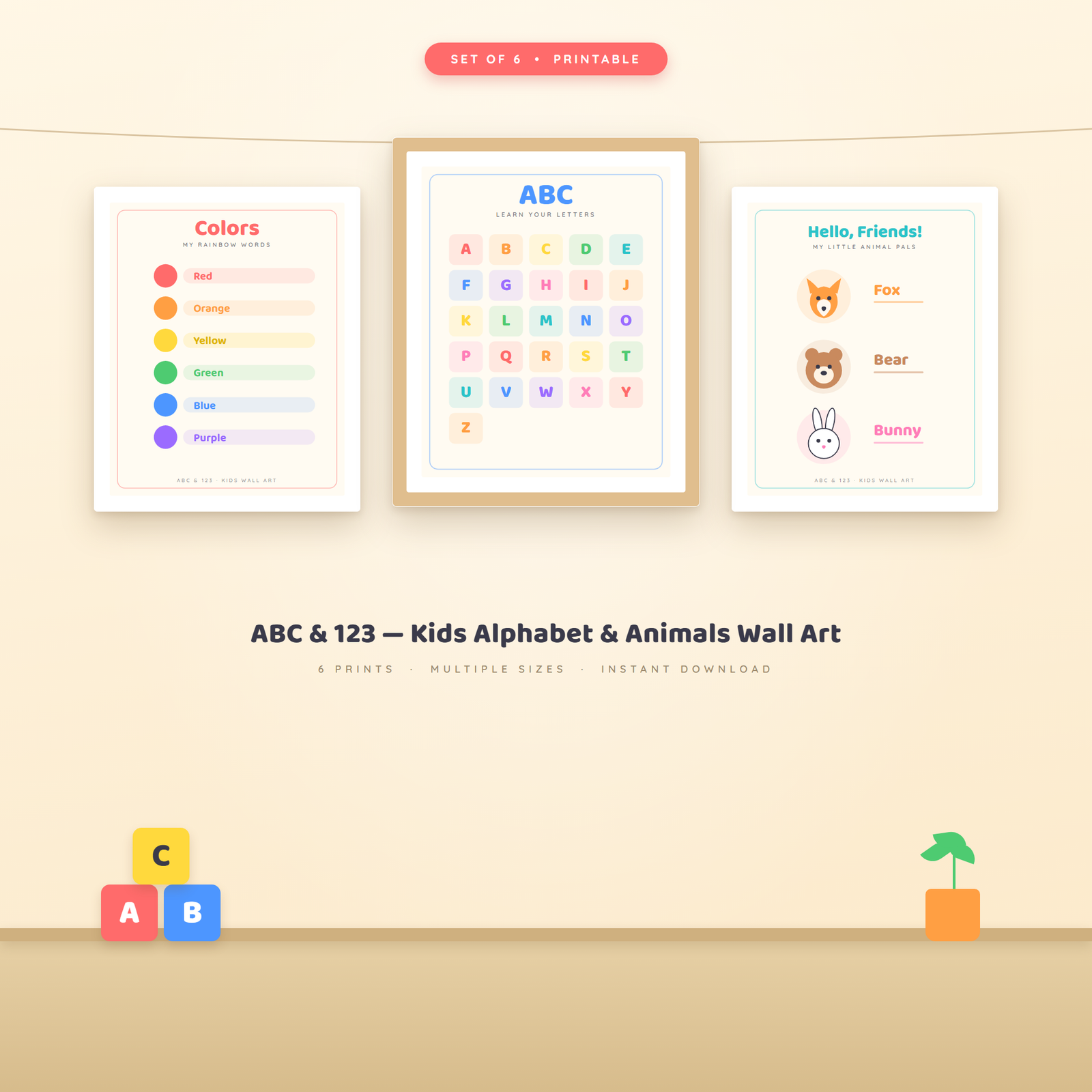 ABC & 123 Kids Wall Art Set of 6 Printable Alphabet Numbers Animals Nursery Playroom Decor Instant Download