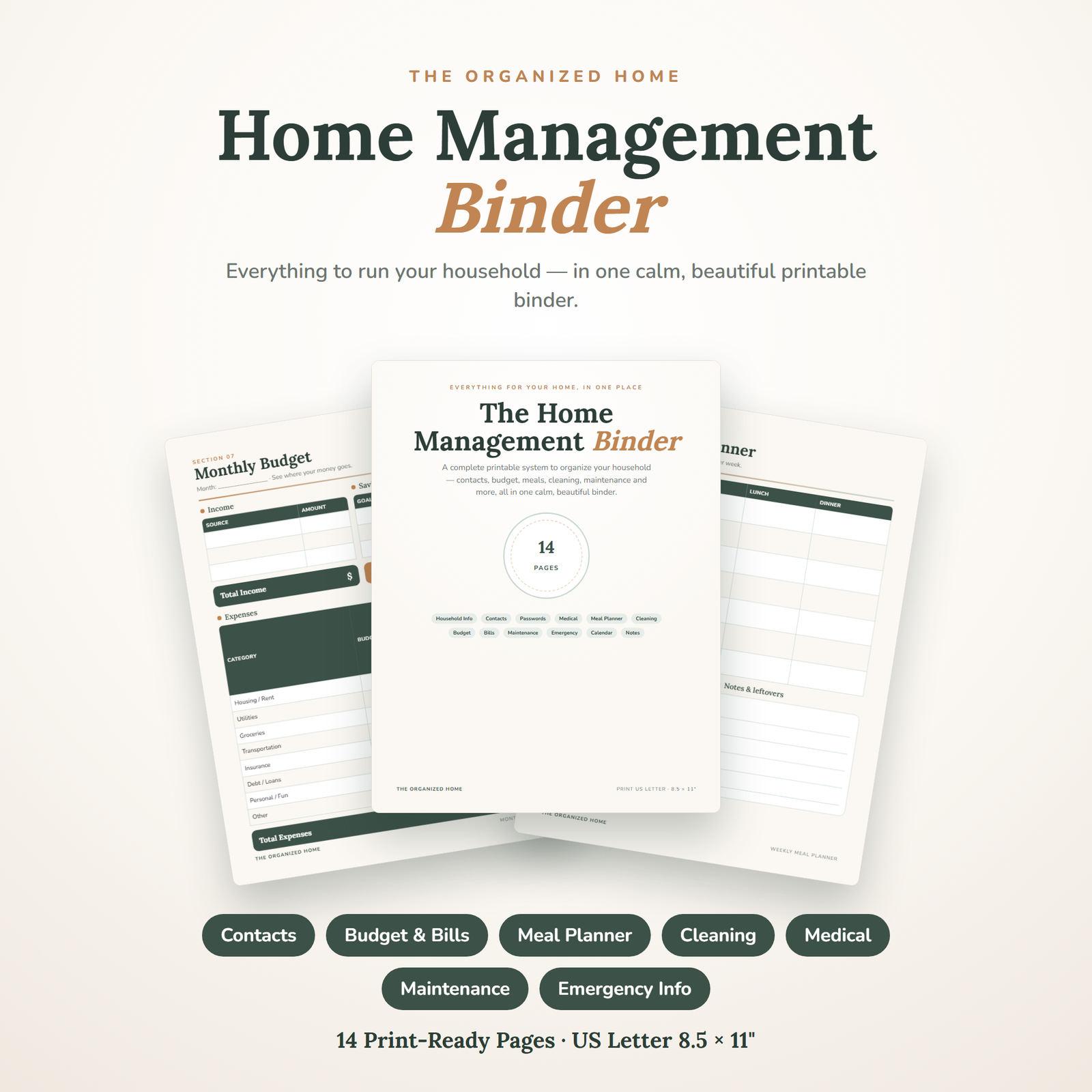 Home Management Binder Printable | Household Planner Organizer | Bills Budget Meal Cleaning Contacts | 14 Pages | US Letter Instant Download