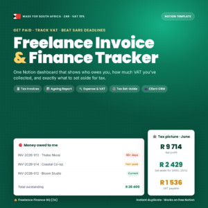 Freelance Invoice & Finance Tracker Notion Template | South Africa ZAR VAT 15% | Invoicing Expense Tax SARS Tracker for Freelancers & Agencies