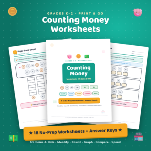 Counting Money Worksheets | US Coins & Bills No-Prep Practice Pack | Grades K-2 with Answer Keys
