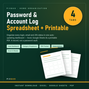 Password & Account Log Spreadsheet + Printable