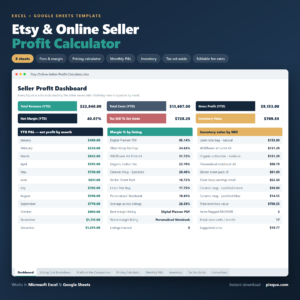Etsy & Online Seller Profit Calculator | Excel & Google Sheets | Fees, Pricing, Margin, P&L, Invento