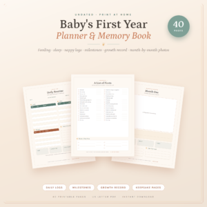 Baby's First Year Planner & Memory Book Printable | 40 Pages | Feeding, Sleep & Diaper Logs, Milesto