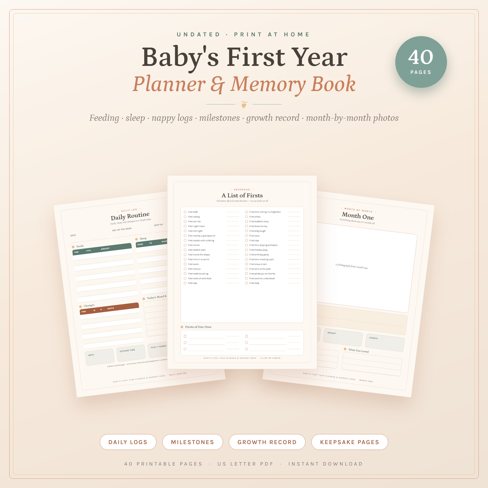 Baby's First Year Planner & Memory Book Printable | 40 Pages | Feeding, Sleep & Diaper Logs, Milesto