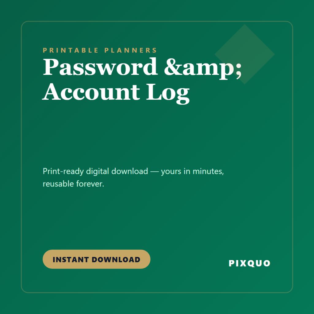 Password & Account Log — printable digital download