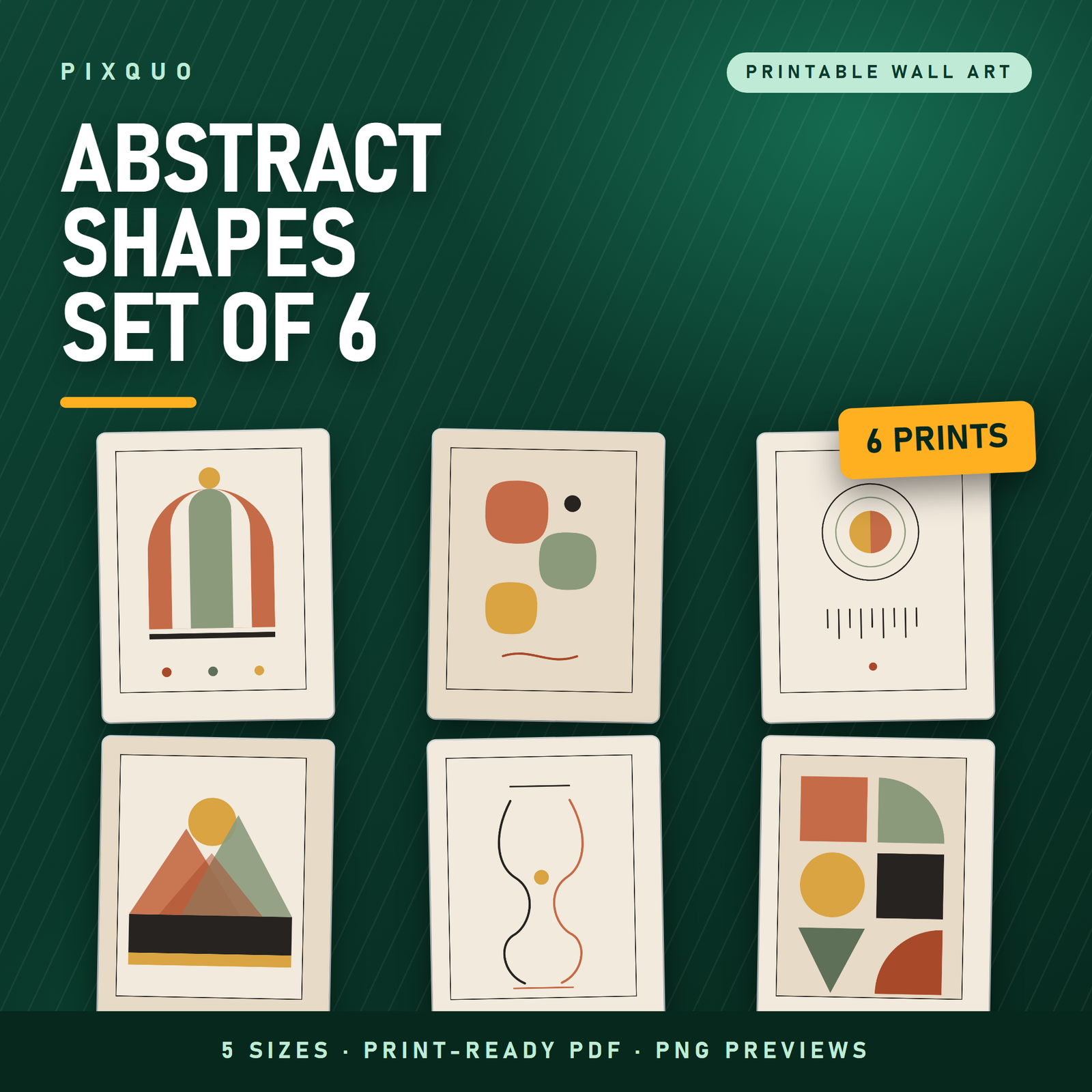 Abstract Shapes Wall Art Set of 6 printable prints - terracotta mustard sage boho gallery wall in 5 print sizes, instant download PDF