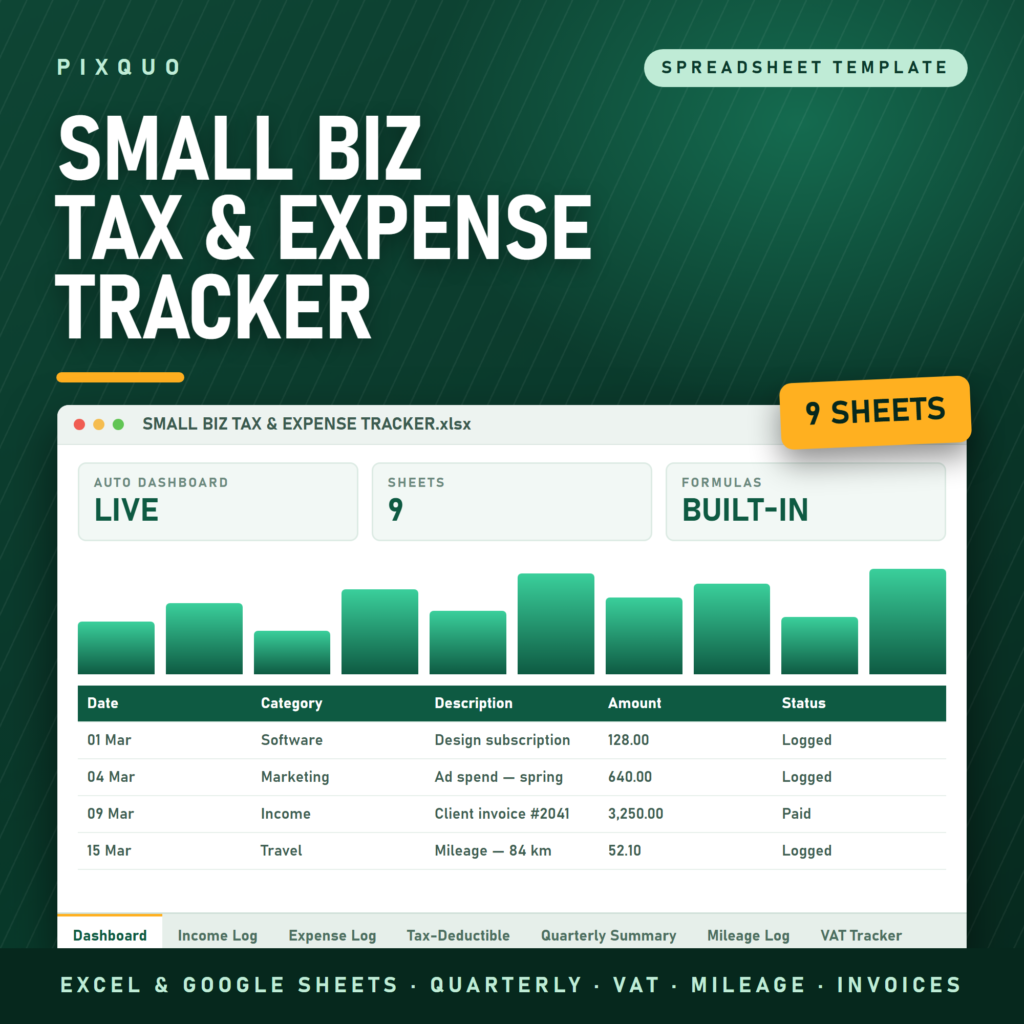 Small Business Tax and Expense Tracker - Excel and Google Sheets tax deductible log, quarterly summary, VAT tracker, mileage and invoice log