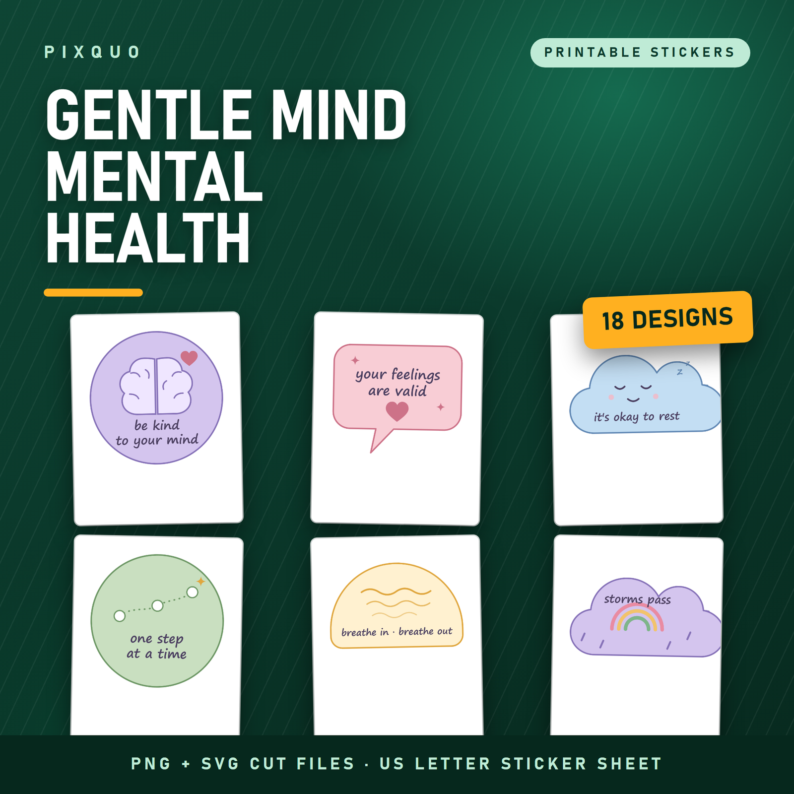 Gentle Mind mental health printable stickers - 18 self care sticker designs as transparent PNG and SVG cut files with a US Letter sticker sheet