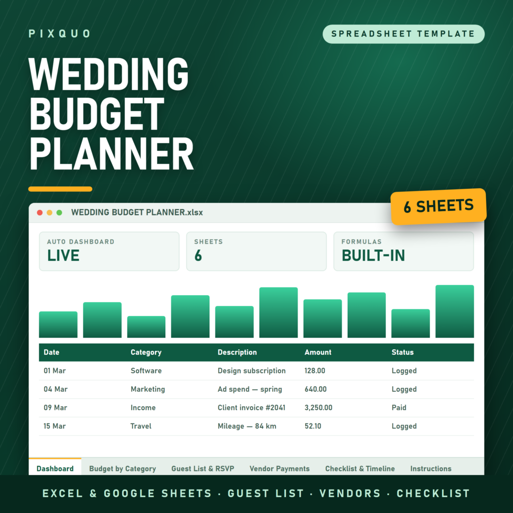 Wedding Budget Planner spreadsheet - Excel and Google Sheets wedding budget by category, guest list RSVP, vendor payments and timeline checklist