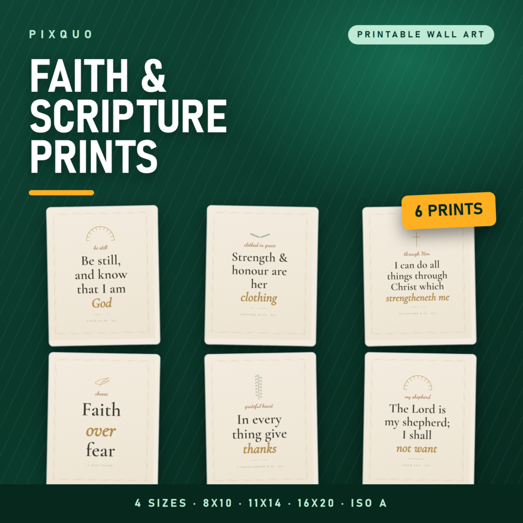 Faith and Scripture printable wall art set of 6 - Christian bible verse prints in 8x10, 11x14, 16x20 and ISO A sizes, instant download PDF