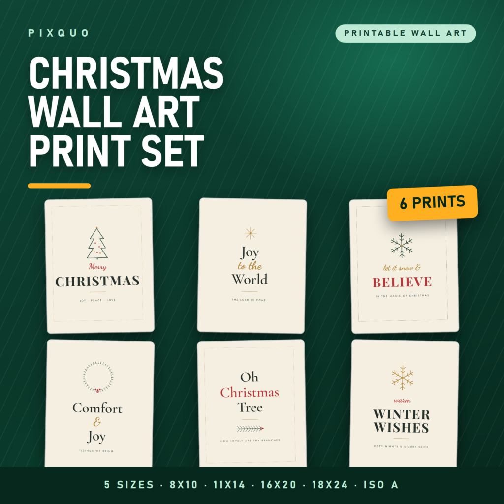 Christmas Wall Art Print Set of 6 printable holiday prints - festive seasonal decor in 5 print sizes, instant download PDF