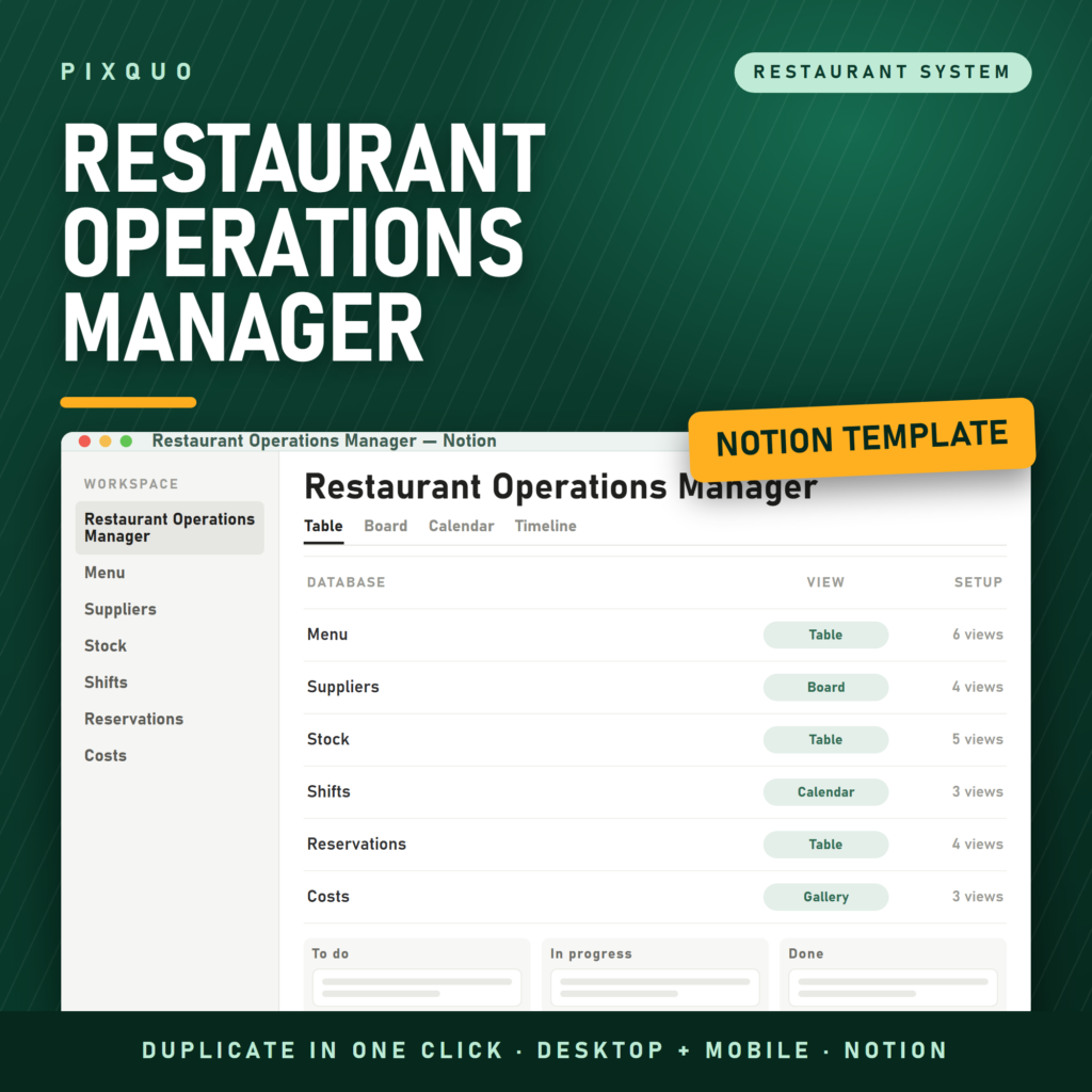 Restaurant Operations Manager Notion template - menu, supplier, stock, shift and reservation databases, instant duplicate link