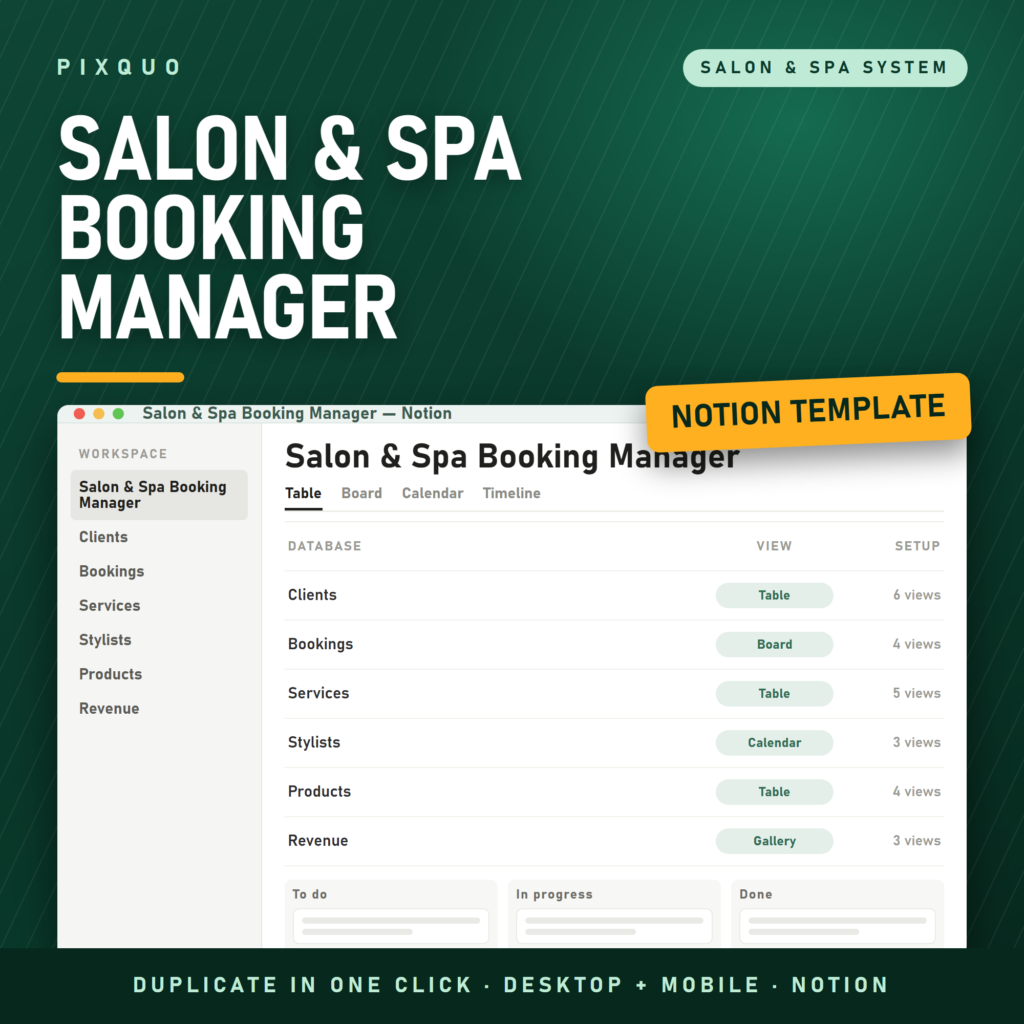 Salon Spa Client Booking Manager Notion template - client, booking, service and stylist databases, instant duplicate link
