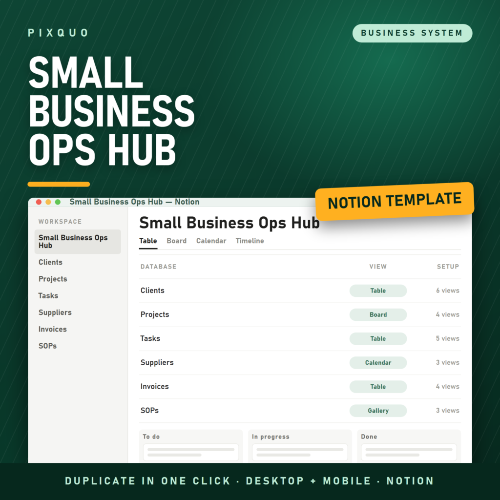 Small Business Ops Hub Notion template - clients, projects, tasks, suppliers and invoice databases, instant duplicate link