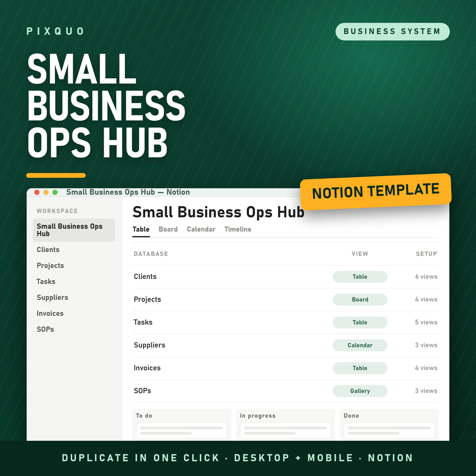 Small Business Ops Hub Notion template - clients, projects, tasks, suppliers and invoice databases, instant duplicate link
