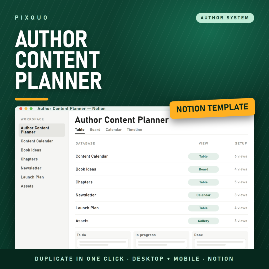 Author Content Planner Notion template - content calendar, book ideas, chapter and launch plan databases, instant duplicate link