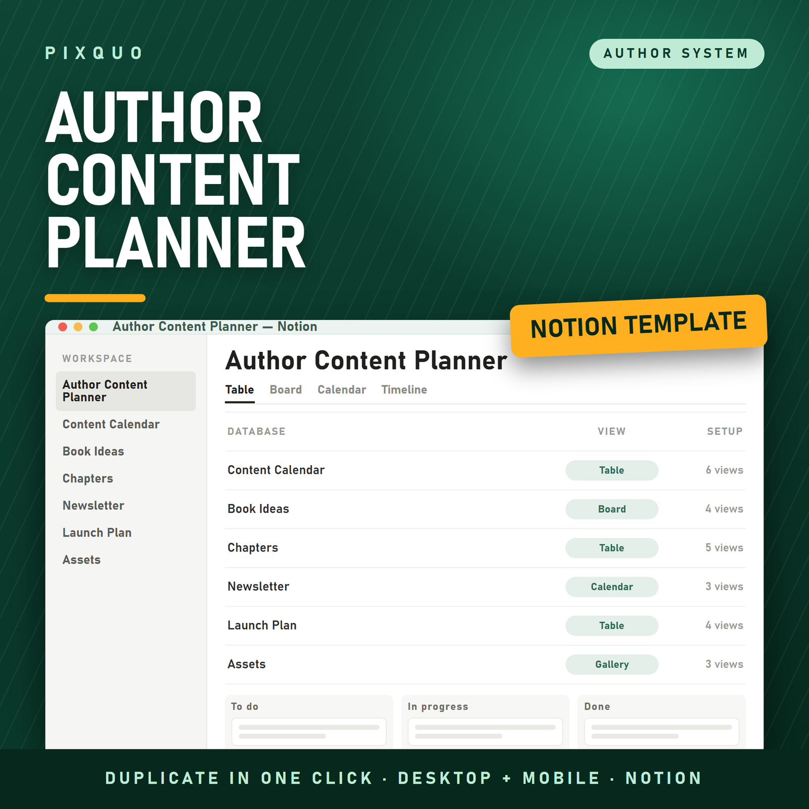 Author Content Planner Notion template - content calendar, book ideas, chapter and launch plan databases, instant duplicate link