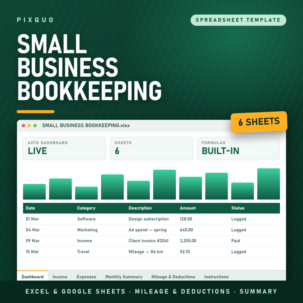 Small Business Bookkeeping spreadsheet - Excel and Google Sheets income, expenses, monthly summary and mileage deduction tracker