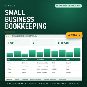Small Business Bookkeeping spreadsheet - Excel and Google Sheets income, expenses, monthly summary and mileage deduction tracker