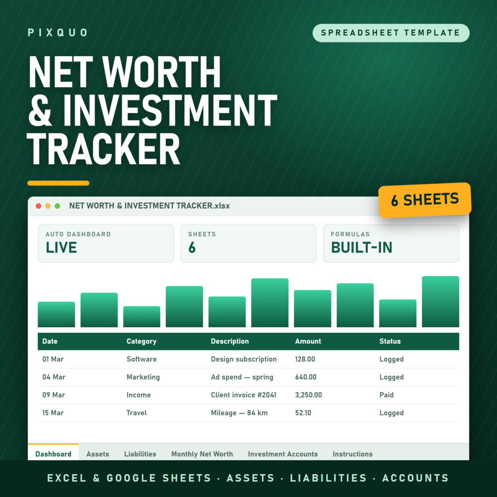 Net Worth and Investment Tracker - Excel and Google Sheets assets, liabilities, monthly net worth and investment account spreadsheet