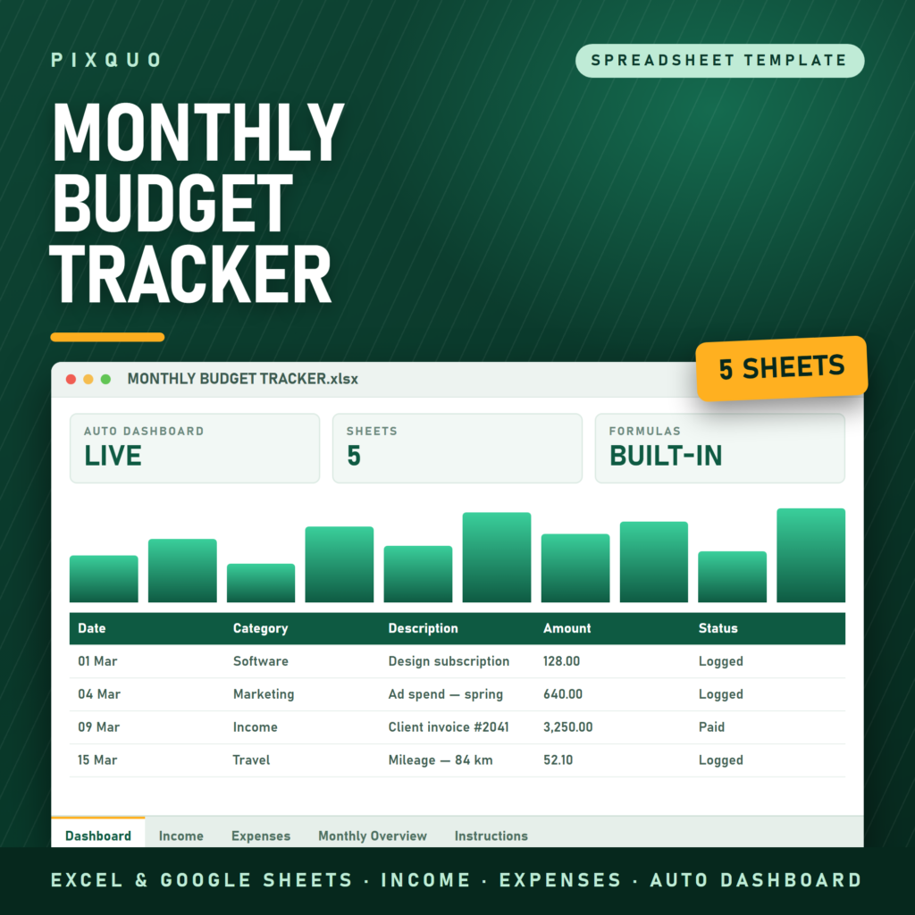 Monthly Budget Tracker spreadsheet - Excel and Google Sheets income and expense tracker with monthly overview and auto dashboard