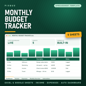 Monthly Budget Tracker spreadsheet - Excel and Google Sheets income and expense tracker with monthly overview and auto dashboard