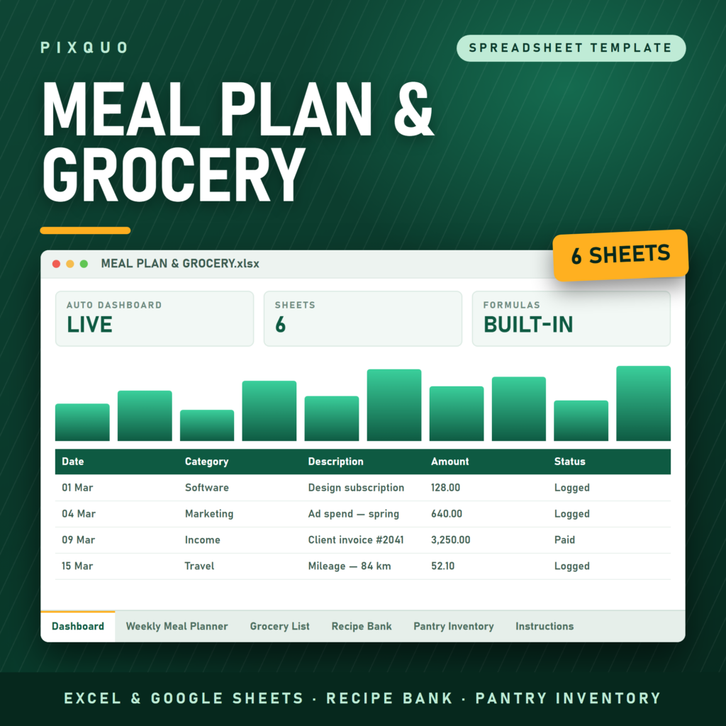 Meal Plan and Grocery spreadsheet - Excel and Google Sheets weekly meal planner, grocery list, recipe bank and pantry inventory