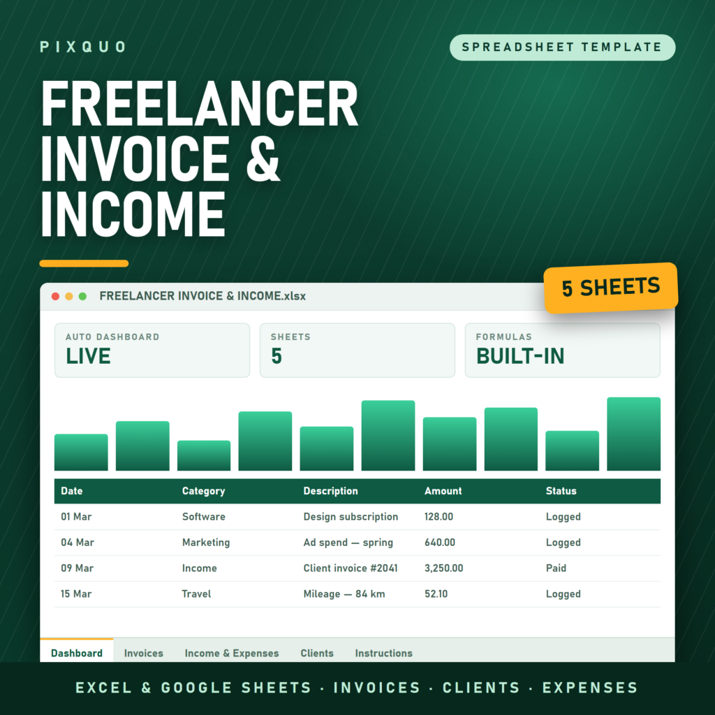 Freelancer Invoice and Income Tracker - Excel and Google Sheets invoice log, client list and income expense tracker, instant download