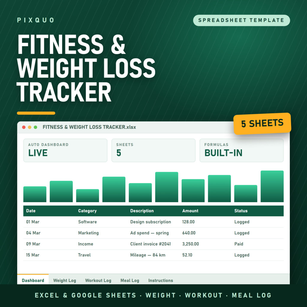 Fitness and Weight Loss Tracker spreadsheet - Excel and Google Sheets weight log, workout log and meal log with auto dashboard