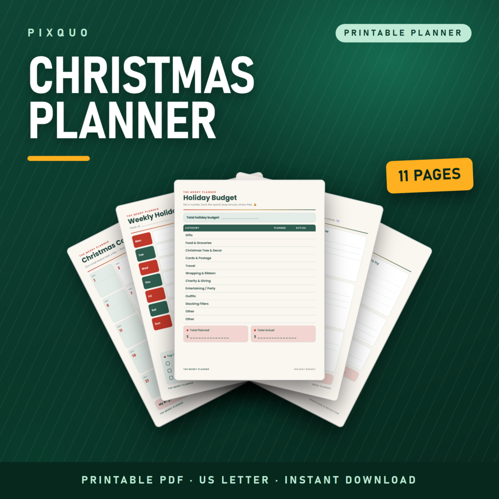 Christmas Planner Organizer printable PDF - 11 page holiday planner with gift tracker, budget, card list, menu and grocery pages, US Letter instant download