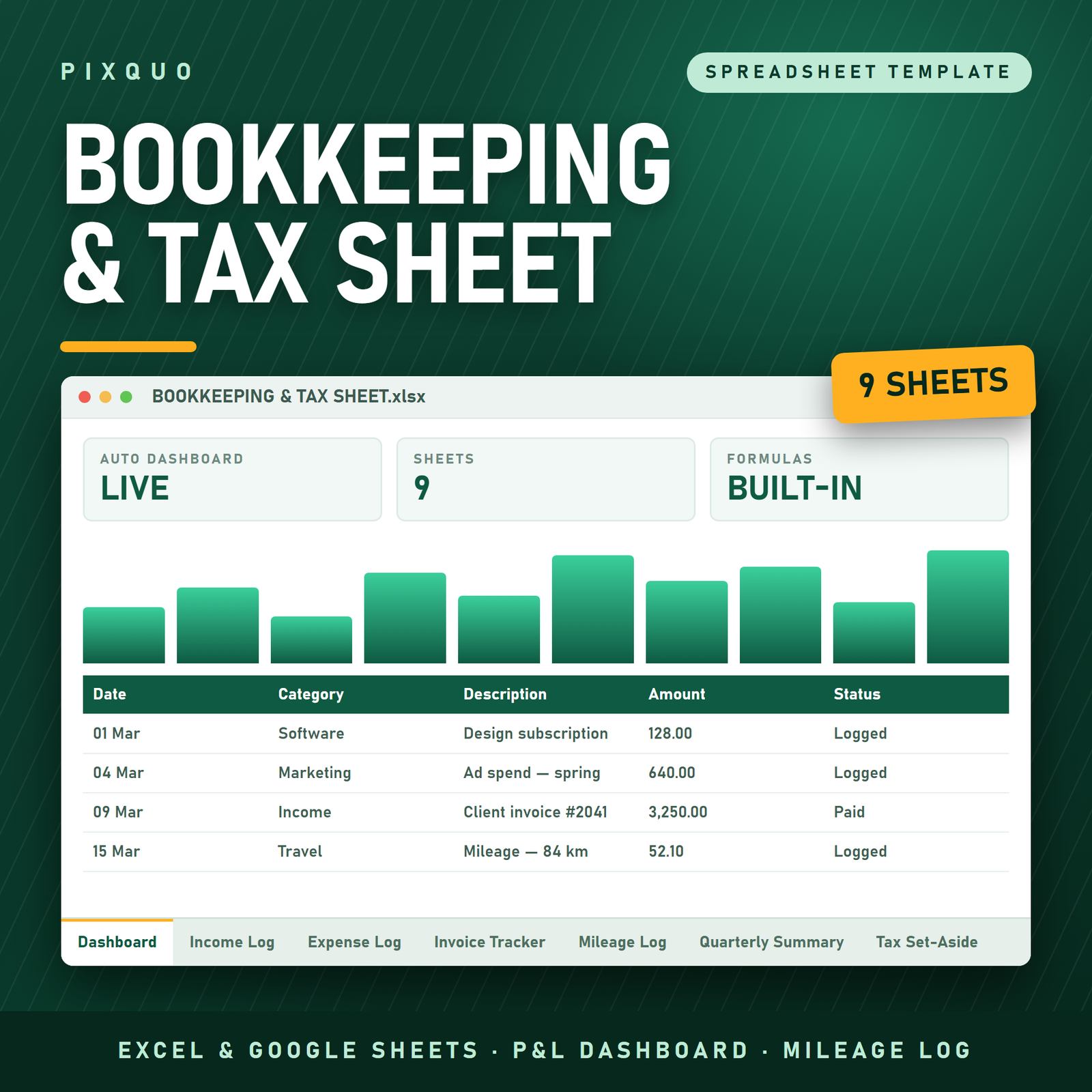 Small Business Bookkeeping and Tax Spreadsheet - Excel and Google Sheets income, expense, invoice and mileage tracker with P&L dashboard
