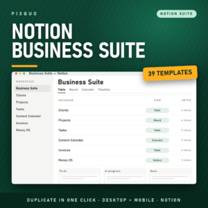 Complete Notion Business Suite - 39 Notion templates for clients, projects, tasks, content and finance, instant duplicate link