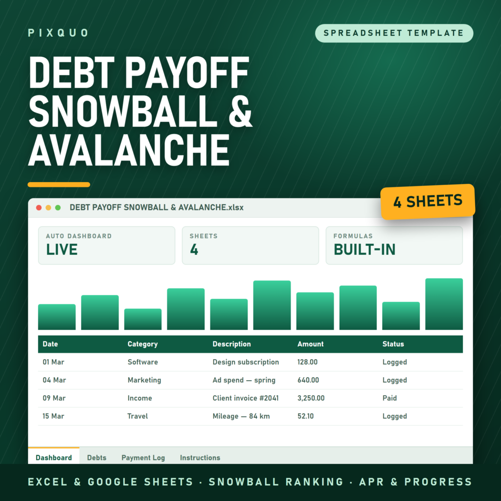 Debt Payoff Tracker Snowball and Avalanche - Excel and Google Sheets debt payoff spreadsheet with snowball ranking, APR and auto progress dashboard
