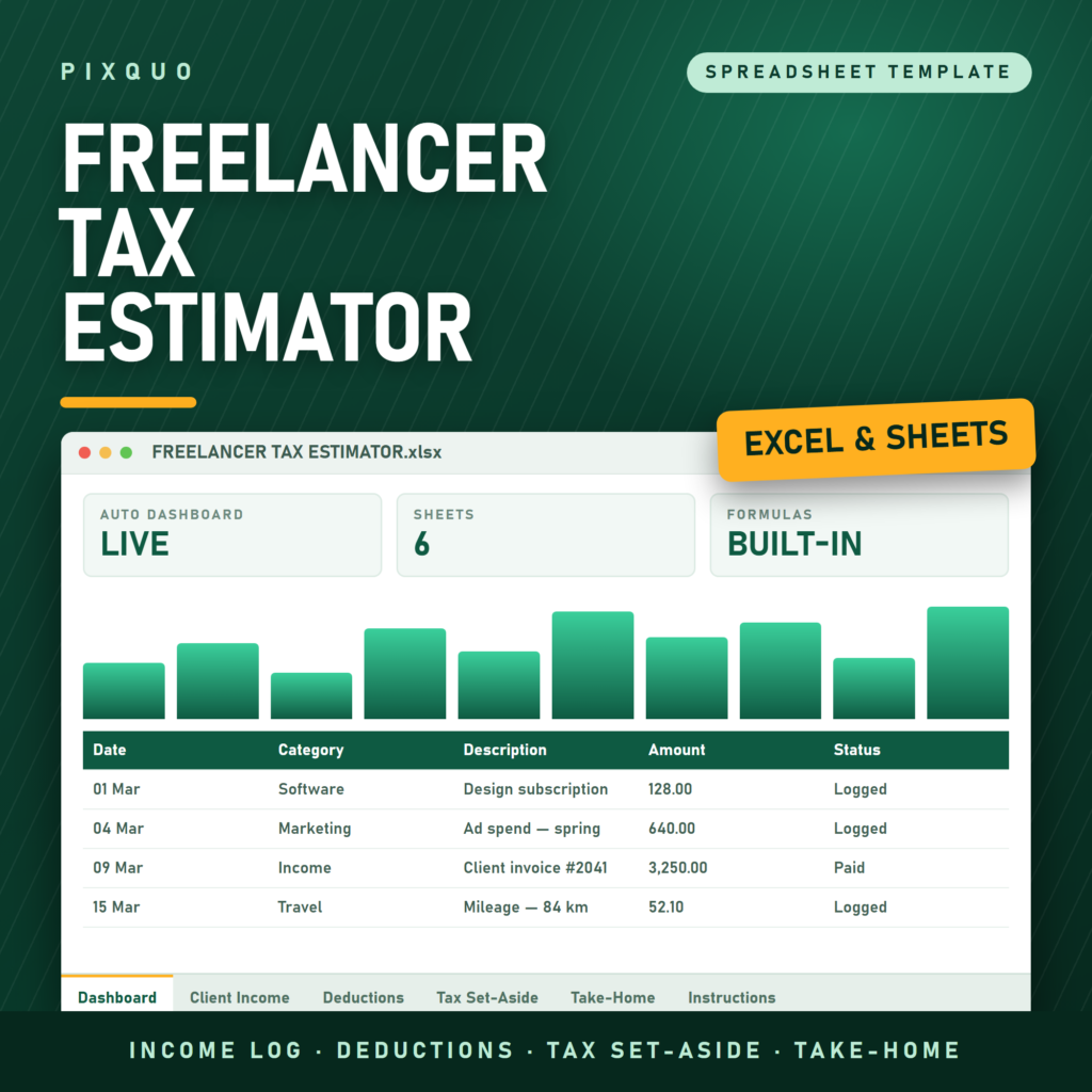 Freelancer Income and Tax Estimator - Excel and Google Sheets client income log, deductible expenses and tax set-aside calculator