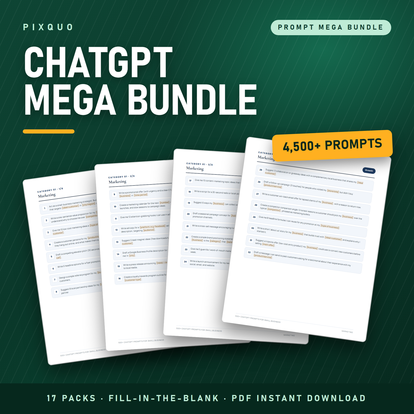 ChatGPT Prompt Mega Bundle - 17 packs with 4,500+ fill-in-the-blank AI prompts, PDF instant download