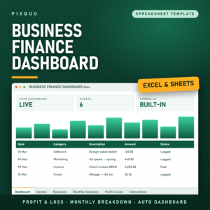 Business Financial Dashboard and Profit-Loss Tracker - Excel and Google Sheets income, expense and P&L spreadsheet template