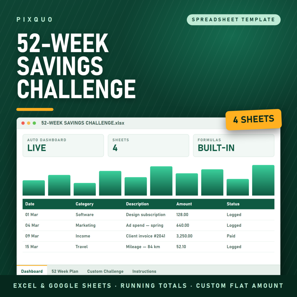 52-Week Savings Challenge spreadsheet - Excel and Google Sheets savings challenge with automatic running totals and custom flat-amount option