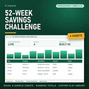 52-Week Savings Challenge spreadsheet - Excel and Google Sheets savings challenge with automatic running totals and custom flat-amount option