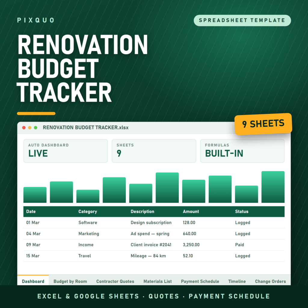 Home Renovation and Project Budget Tracker - Excel and Google Sheets estimate vs actual, contractor quotes and payment schedule