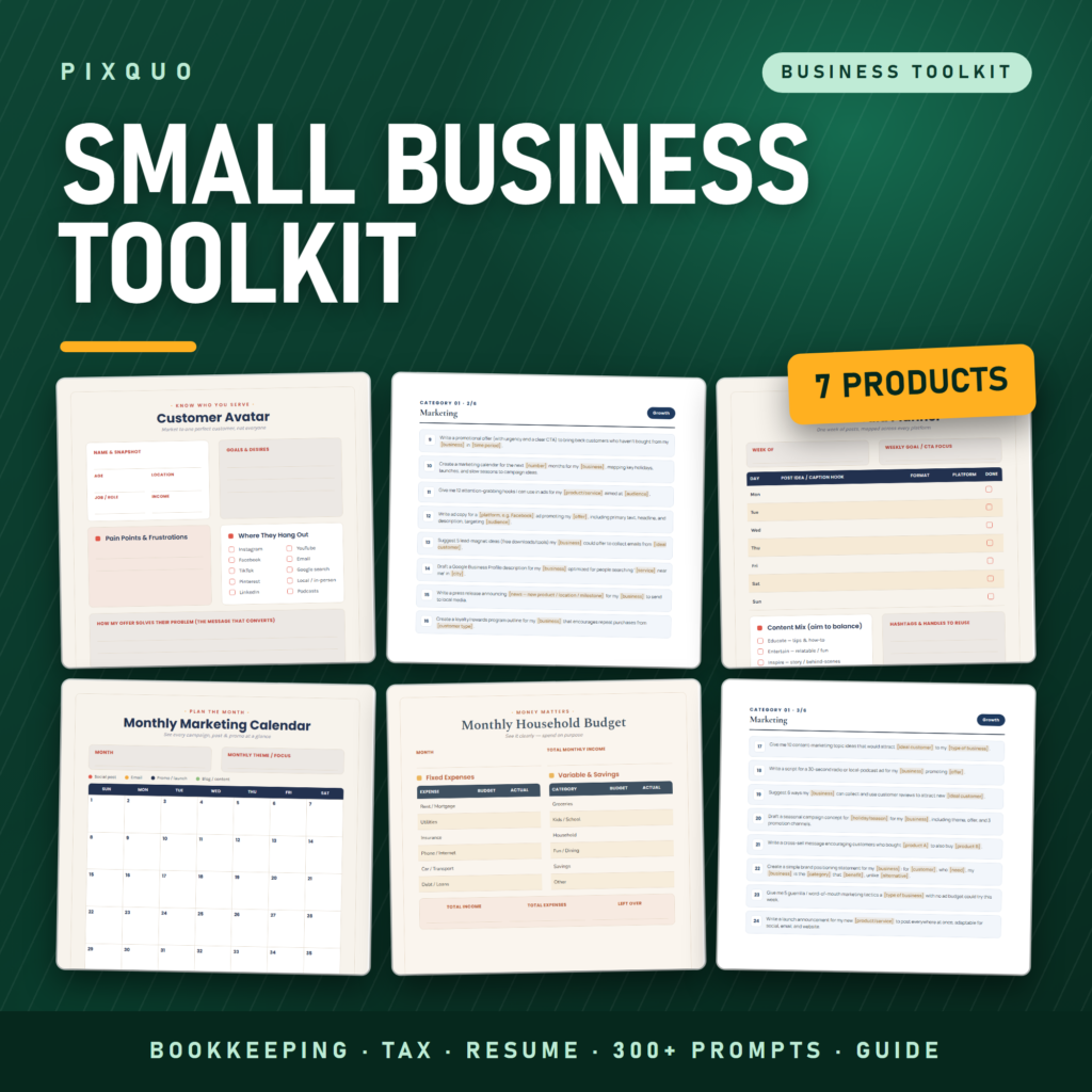 Small Business Complete Toolkit - bookkeeping and tax tracker, ATS resume pack, 300+ ChatGPT prompts, Excel and PDF instant download
